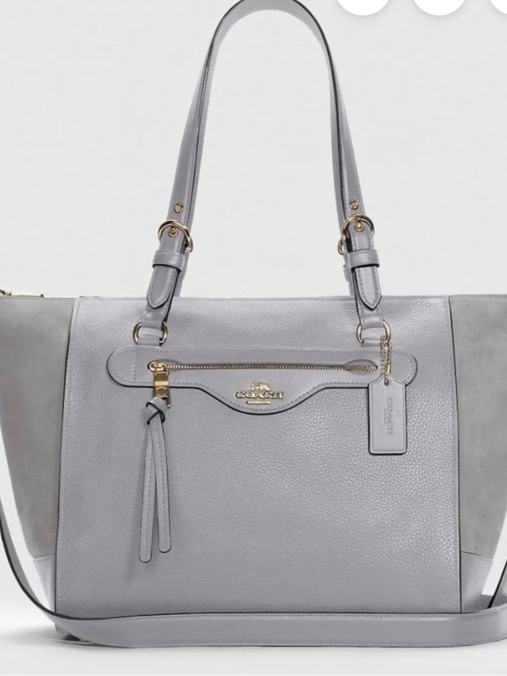 Coach Light Gray Leather with Suede Carryall Tote with Gold Hardware